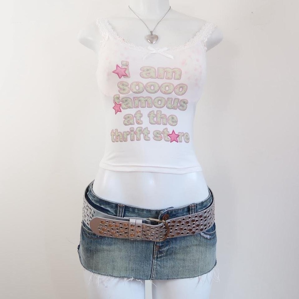 y2k i am so famous at the thrift store lace trim cami tank